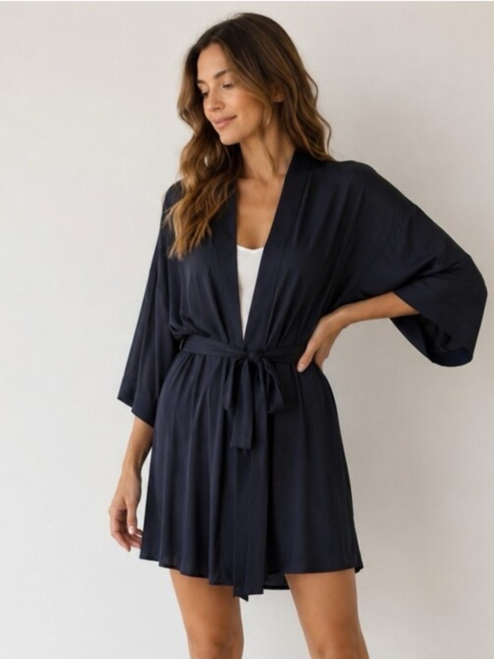 Déesse Black Open Front Kimono Robe Dress Size 2X NWT Belted Minimalist